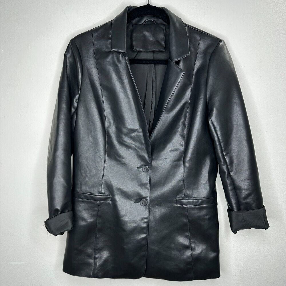 Black Leatherette 2-Button Narrow Lapel Welt Pockets Button Sleeve Blazer Medium